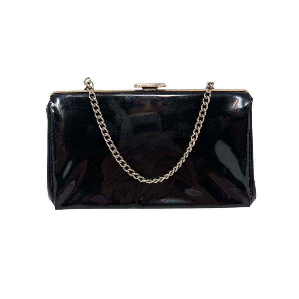 Vintage 60s Black Patent Clutch Gold Frame Chain Strap Evening Bag Mod